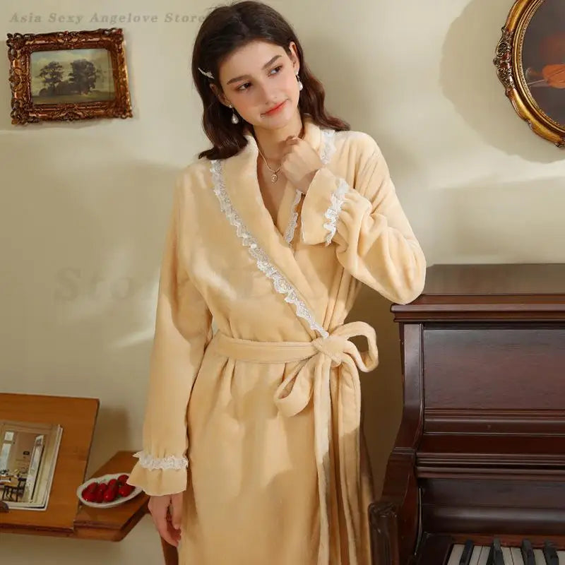 Thickened Flannel Robe Nightgown Women's Autumn Winter Princess Long Bathrobe French Luxury Warm Homewear Bride's Morning Gown