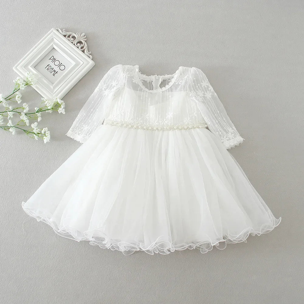 0-24 Months Long Sleeve Baby Girl Dress Infant Toddler Birthday Party Dresses Little Girls White Wedding Baptism Dress