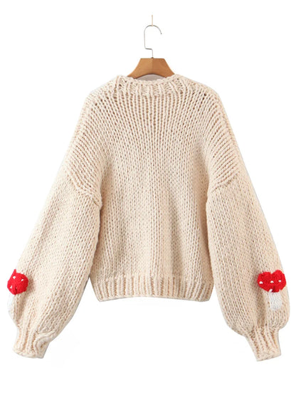 Sweet Hand Made Crochet 3D Mushroom Ball Cardigan Retro Woman V neck Long sleeve Purple Knitting Sweater Knitwear Jumper