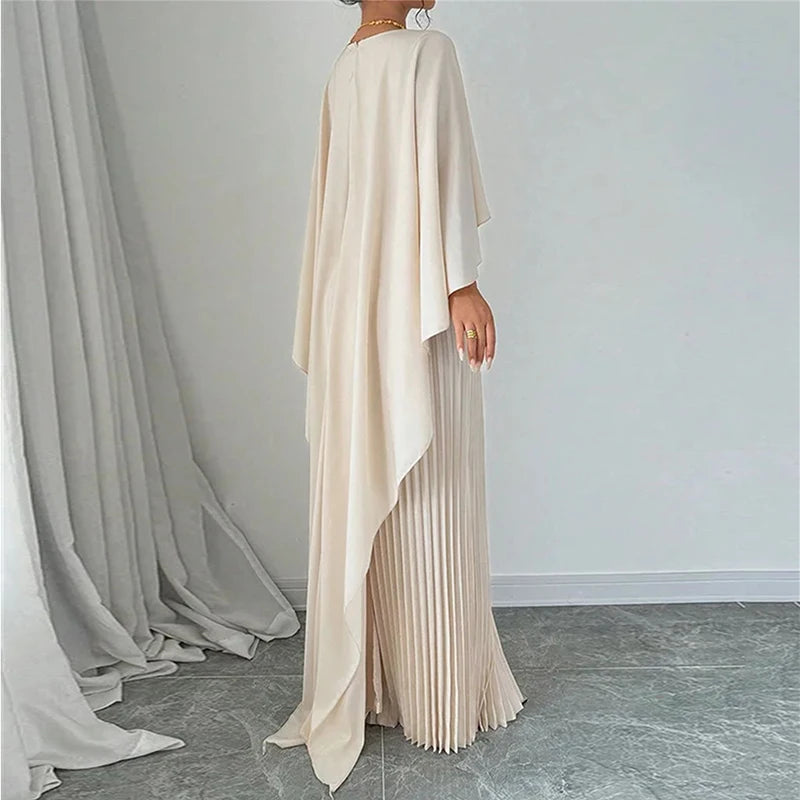 New Spring Elegant Crew Neck Pleated Dresses Women Casual Solid Loose Long Dress Autumn Cloak Sleeves Ruffle Maxi Dress Vestidos