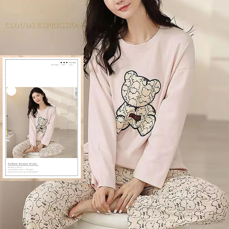 Spring Autumn Size 5XL Women Polyester Pajamas Dots Sleepwear Long-sleeved Homewear Sets Womens Cartoon Nightwear Casual Pijamas