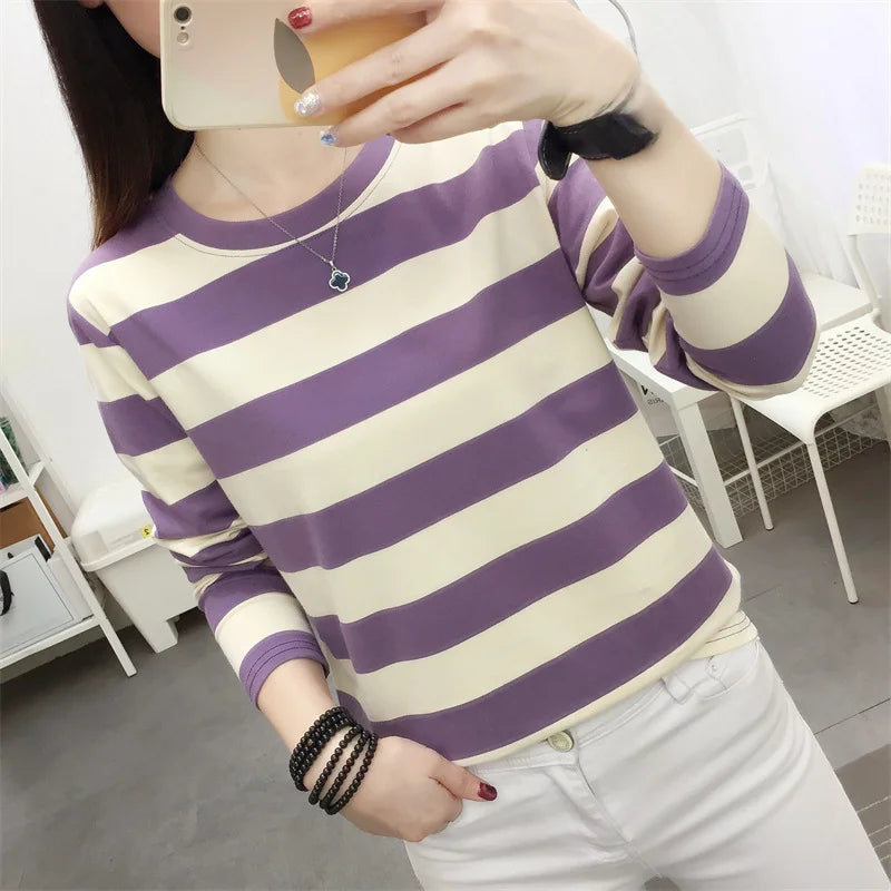 Autumn Loose Pure Cotton Long Sleeve T-shirt Women Clothing Middle-aged Mom Base Shirt Striped Top