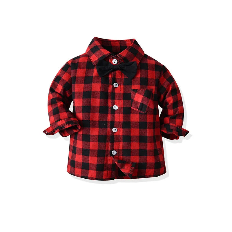 Top Autumn Winter Toddler Boys Plaid Gentleman Shirts Tops Kids Boy Long Sleeve Bowtie Lapel Blouse Children Costume