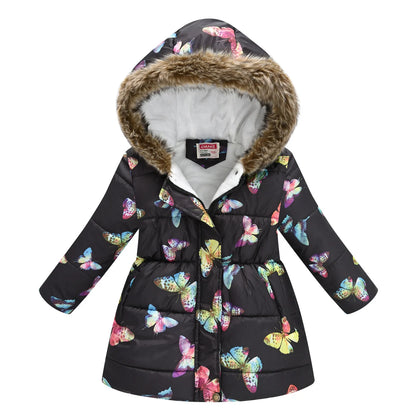 Autumn Winter Girls Jacket Keep Warm Fur Collar Fashion Prints Little Princess Coat Hooded Zipper Girls Outerwear Kids Clothes