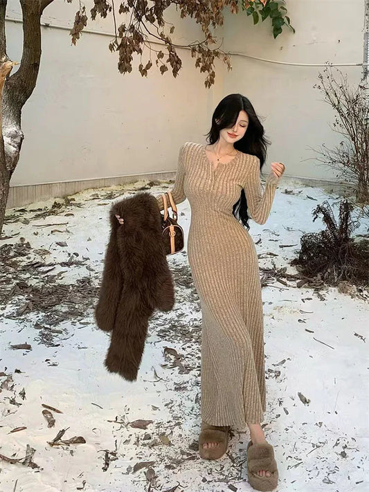 Long Sleeve Knitted Dress for Women Autumn Winter Warm Slim Mid-Length Dress Female Solid Elegant All-Match Knitting Vestidos