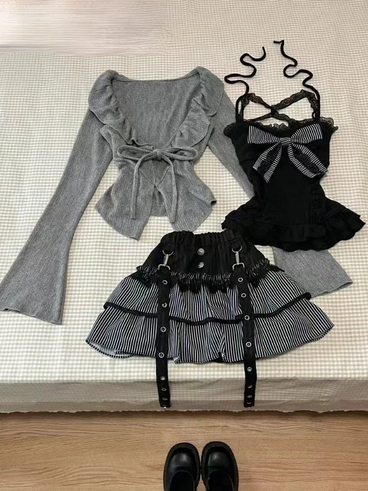 Autumn Winter Lace Bow 3-piece Set Women Aesthetic Vintage Slim Long Sleeve Cardigan + Elastic Waist Ruffle Short Skirt Suit New