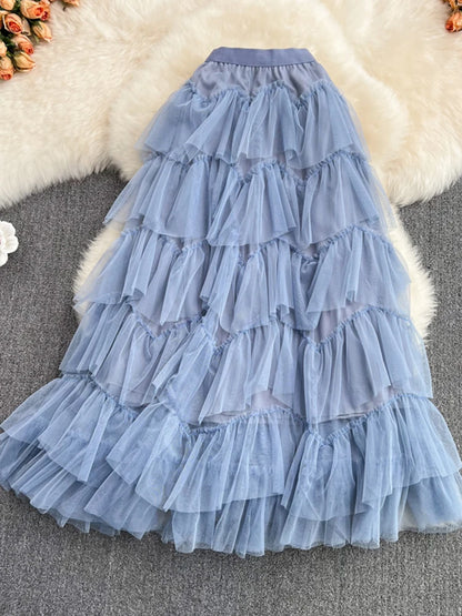 Tutu Tulle Long Skirts Womens Spring Korean Solid A Line High Waist Mesh Tiered Maxi Skirt Female Faldas Aesthetic