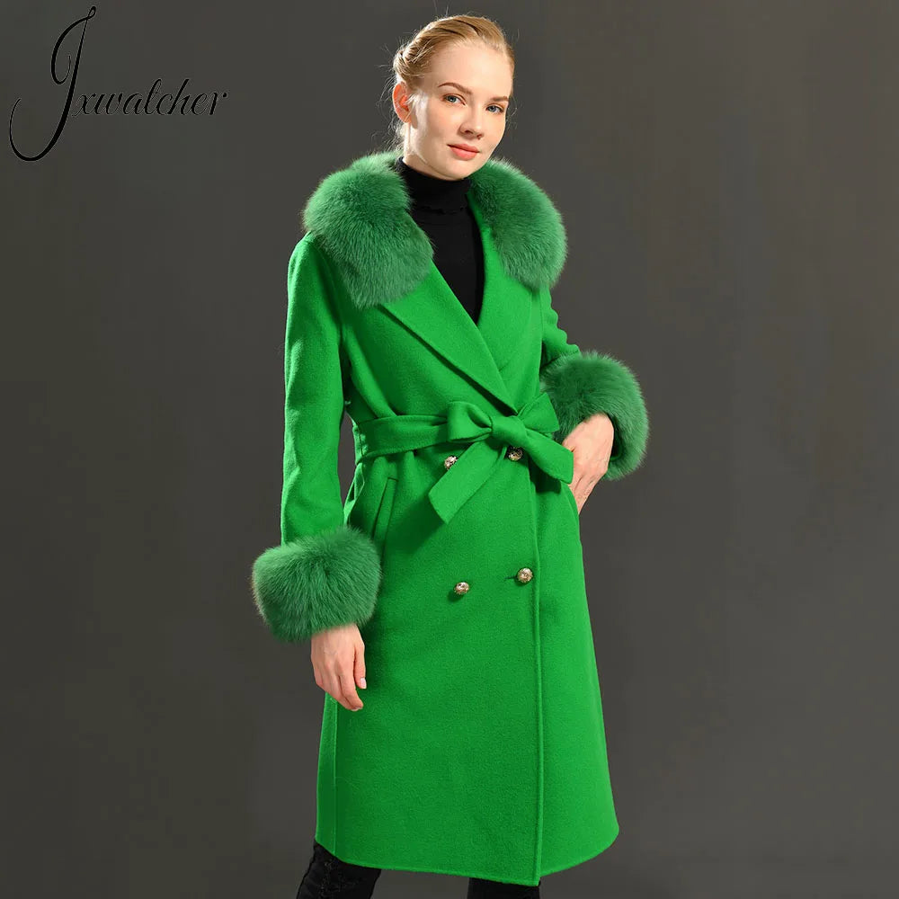 Women's Cashmere Wool Coat Spring Real Fox Fur Collar Woolen Trench Jacket Winter Adjustable Waist Slim Ladies Long Overcoat