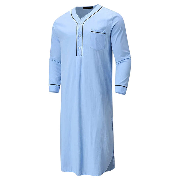 Men V-Neck Linen Robe Roll Up Short Sleeve Solid Long Night Gown Casual Loose Shirt Kaftan Thobe with Pocket