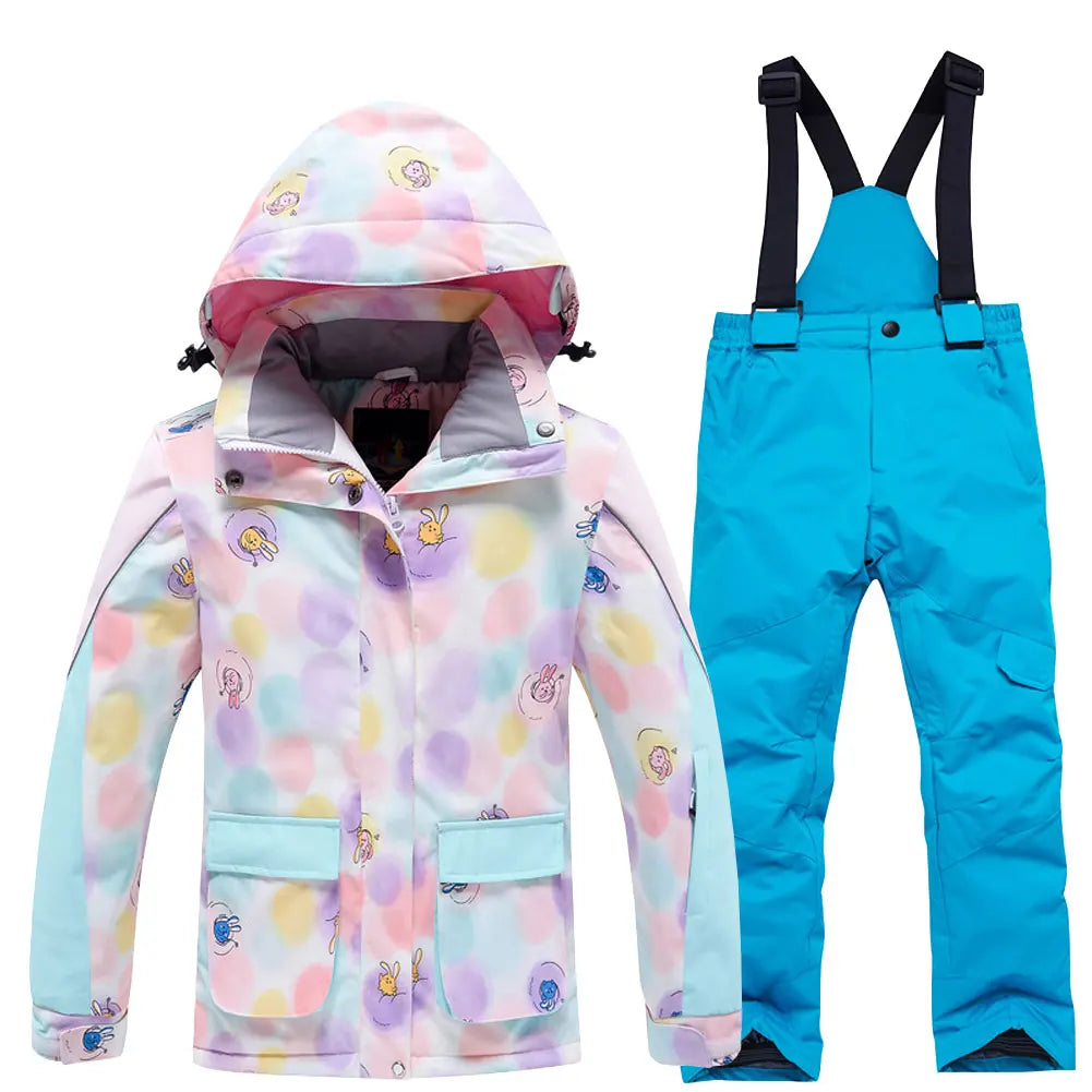 Fashion Printed Skiing Jacket + Bib Pants Snowsuits 2-Piece Boys Girls Hooded Winter Warm Windproof Snowboarding Wear