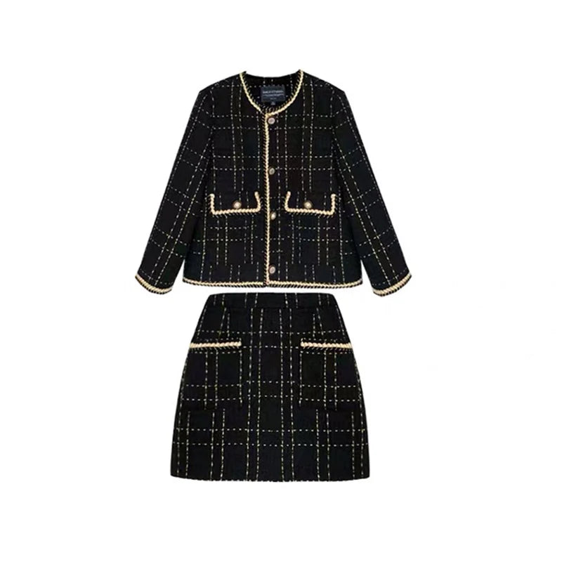 Women Fried Street Tweed Suit New Spring Autumn Wool Jacket + Skirt Female Fashion Loose Tweed Skirts Two-Piece Set