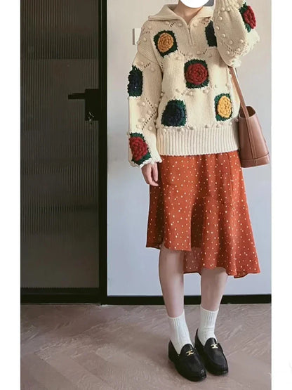 Women Vintage Flower Crochet High Neck Long Sweater Fall Winter Loose Jumper Cozy Sweater Retro Outfit