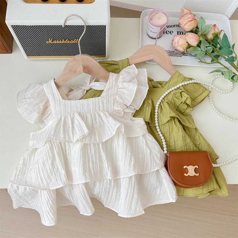 Kids Girl Summer Fly Sleeve Tops 2025 Korean Fashion Solid Color Square Collar Princess Shirts For 1-7Years