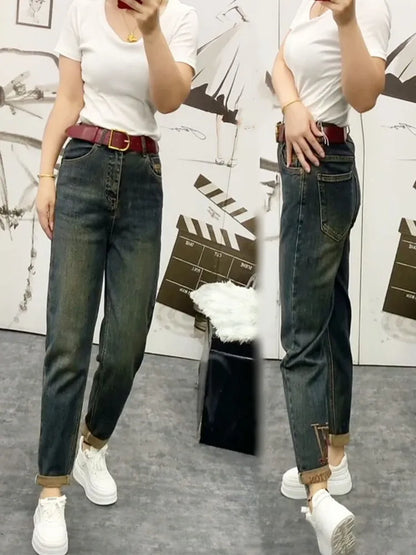 NEW Spring Autumn High Waist Straight Jeans Loose Fit Stretch Haren Denim Pants Ladies Ankle-Length Jeans Pants