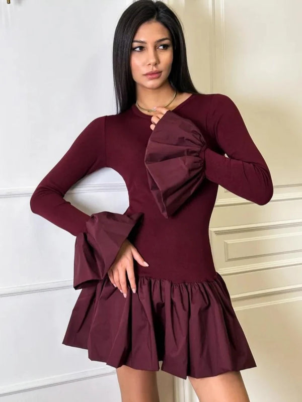 Trendix Long Sleeve Patchwork Ruffle Mini Dress Women Fashion Slim High Waist Party Dresses Vacation Casual Party Burgundy Dress