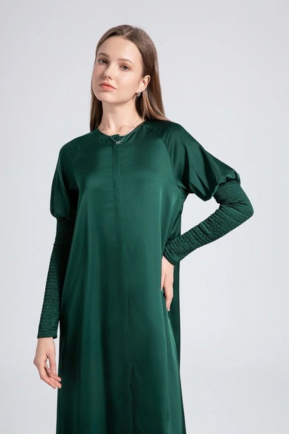 AS woman clothing satin dress button down design smocking sleeve maxi dress ( Ship out in 1 day)