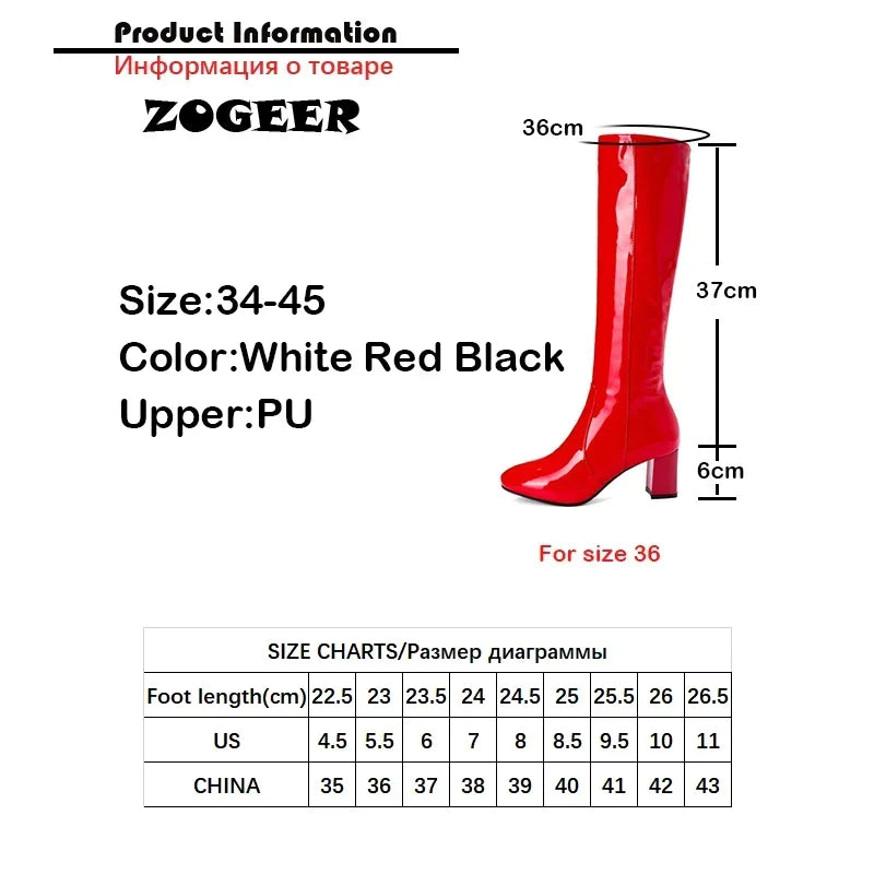 Autumn Winter Women‘s High Knee Boots Patent Leather Knee High Boots Women Waterproof White Red Black Party Fetish Shoes Lady