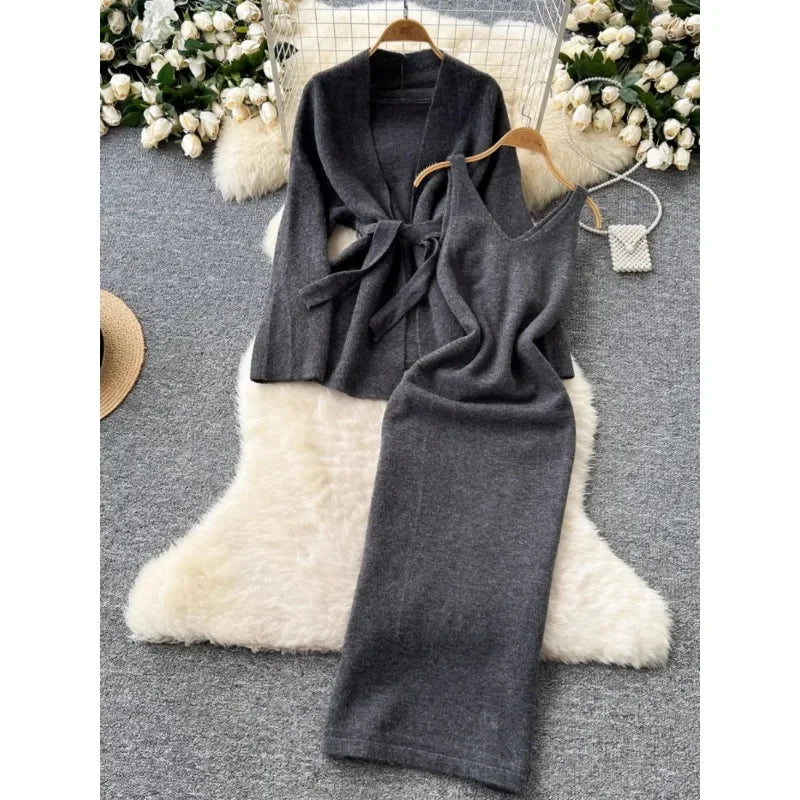 Lazy Style Dress Suit  Women's Inner Base Sleeveless Knitted Dress Strap Waist Long-sleeved Sweater Coat Winter Two-piece Sets