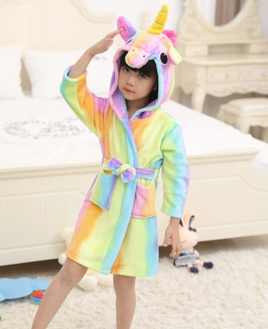 3-12Years Winter Autumn Children's Sleepwear Unicorn Cartoon Bath Robe for Adult Boys Girls Pijamas Hooded Kids Bathrobes