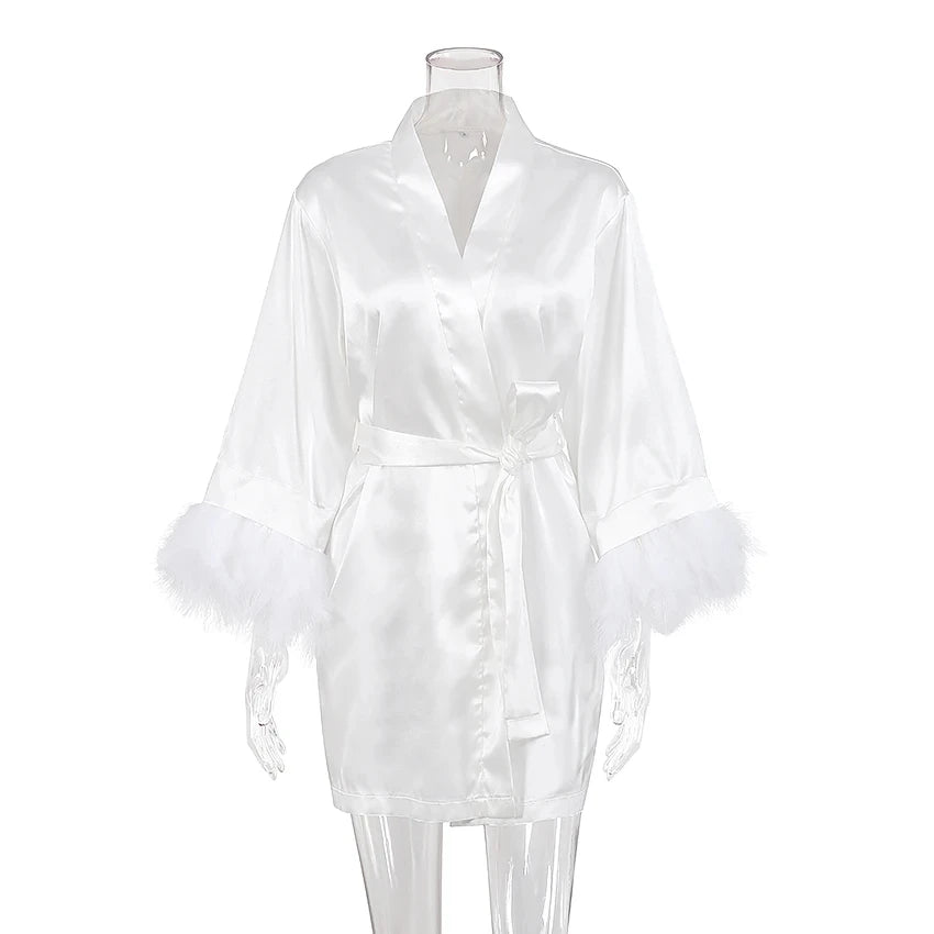 White Feather Robe With Fur Full Sleeves Sleepwear Satin Robes For Women Nightgown Bride Robe Gown Dress Bathrobe Female