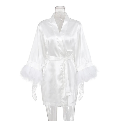 White Feather Robe With Fur Full Sleeves Sleepwear Satin Robes For Women Nightgown Bride Robe Gown Dress Bathrobe Female