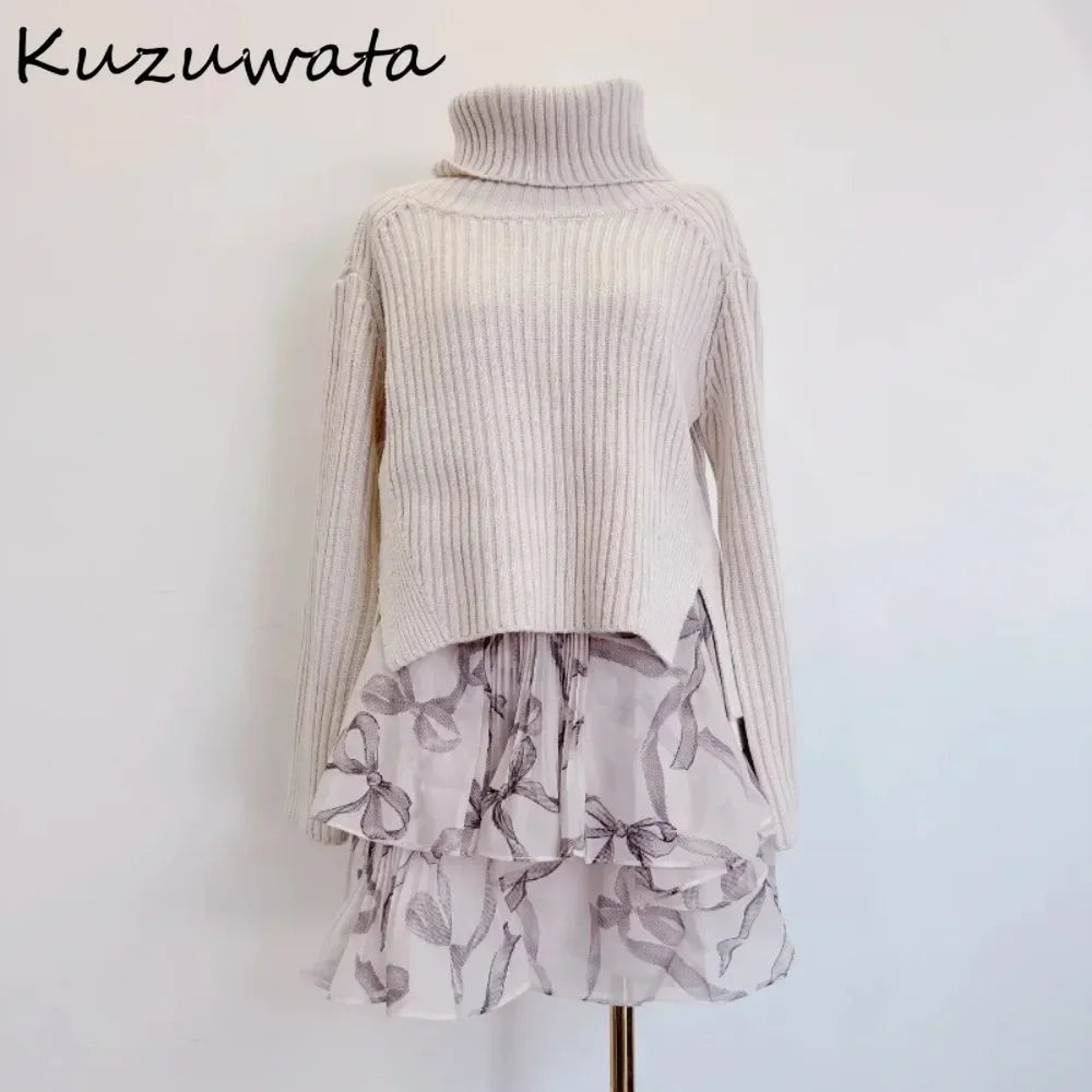 Kuzuwata Elegant Warm Turtleneck Vent High Street Set Sweaters Pleated Print Chiffon Skirt Japan Advanced Knit Slim Suit Dresses