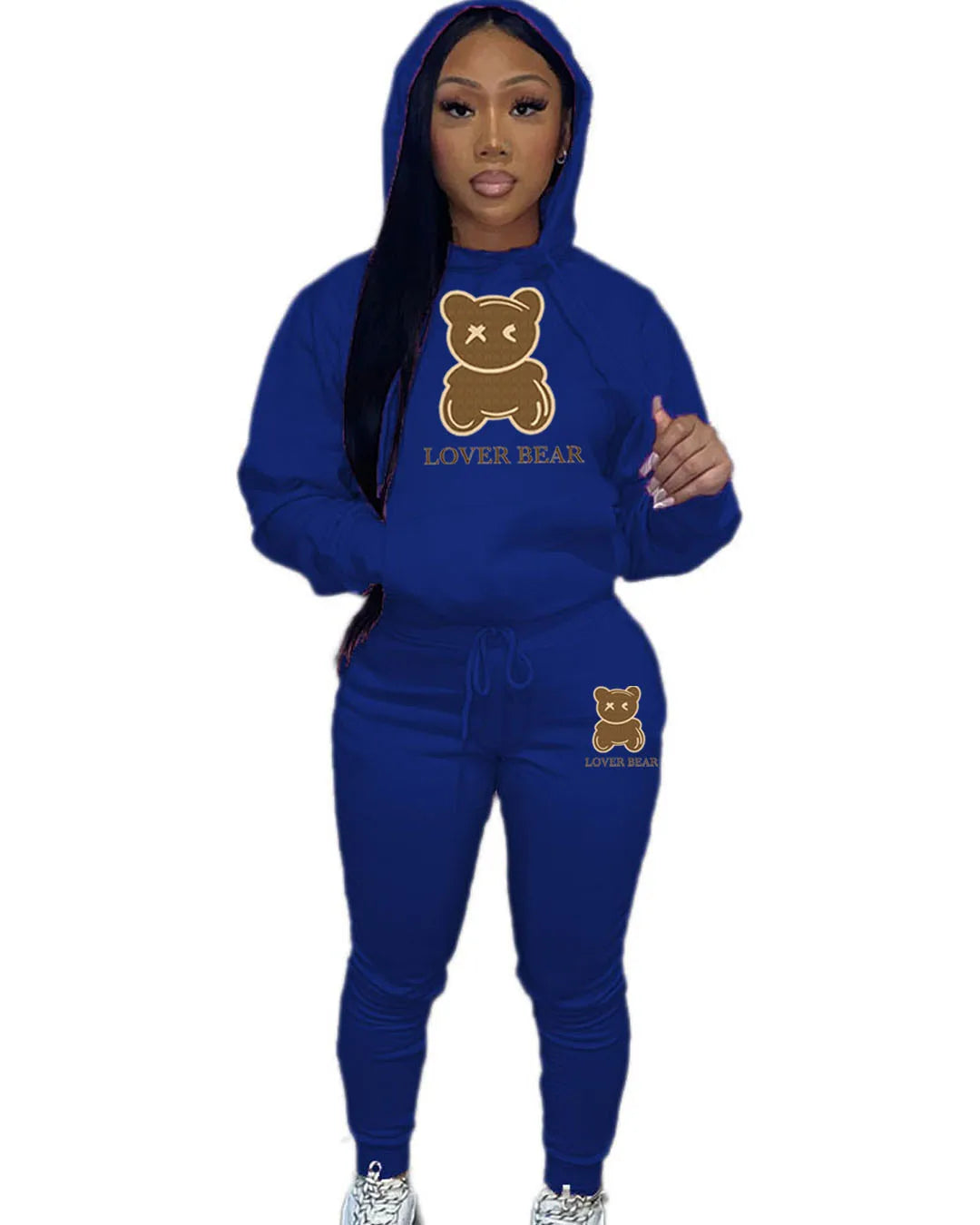 Lovely Bear Letter Print Kangaroo Pocket Tracksuit Set Long Sleeve Hoodie+Drawstring Trousers Women Two Pieces Matching Suits