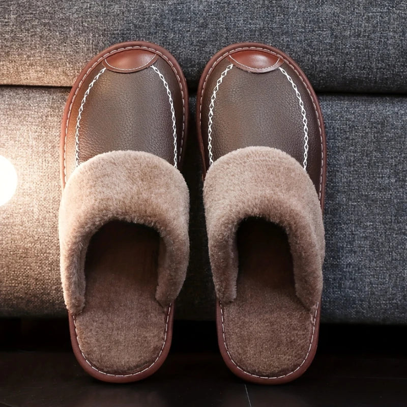 Men Winter Leather Slippers Bedroom Cotton Slippers Male Waterproof Thick Plus Velvet Indoor Warm House Home Slippers Shoes