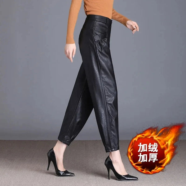 Leather Pants For Women Autumn Winter Casual Elastic High Waist Harlan Pants 4XL Large Size Black Faux PU Leather Trouser Female