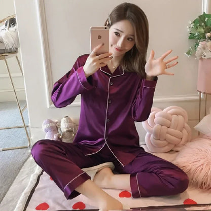 Silk Pajamas for Women Sexy Silk Women Pijama Sets Sleepwear Long-sleeve Cardigan Female Ice Silk Home Pijama Mujer Verano