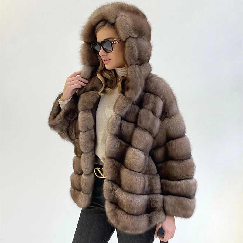 Natural Mink Color Hooded Fox Fur Coat Women Streetwear Casual Loose Cozy Outertwear Genuine Luxury Real Fur Jacket