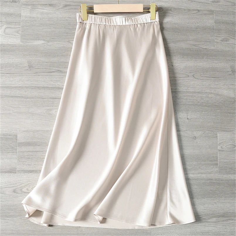 Solid Satin Long Skirts for Women Spring Summer Casual All-match Big Hem A Line Skirts High Waist Maxi Skirt Female Clothes