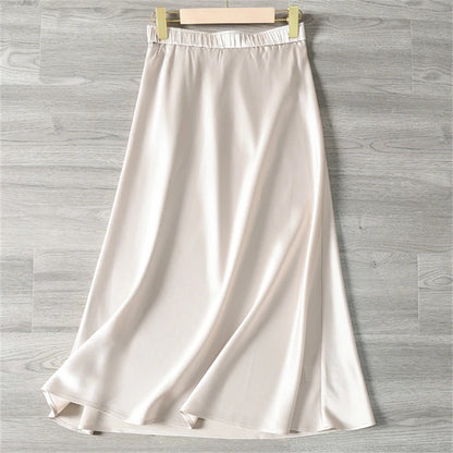 Solid Satin Long Skirts for Women Spring Summer Casual All-match Big Hem A Line Skirts High Waist Maxi Skirt Female Clothes