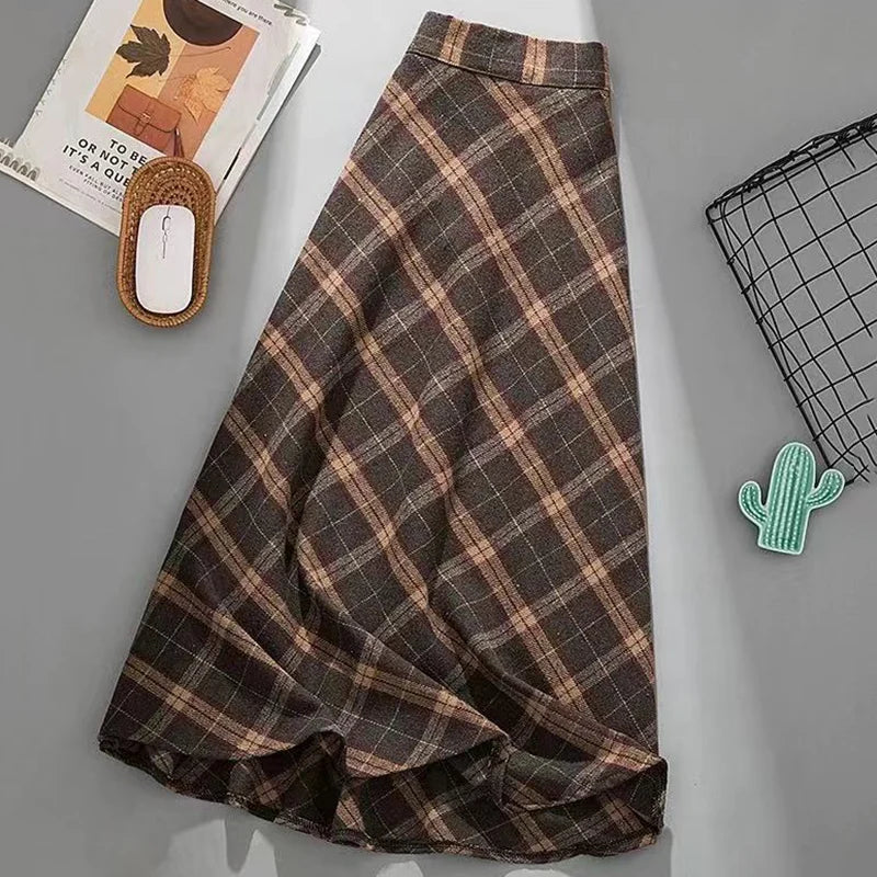 Rimocy Autumn Winter Woolen Skirt Women Korean Style Thick High Waist Long Skirt Woman A Line Pleated Plaid Skirt Female