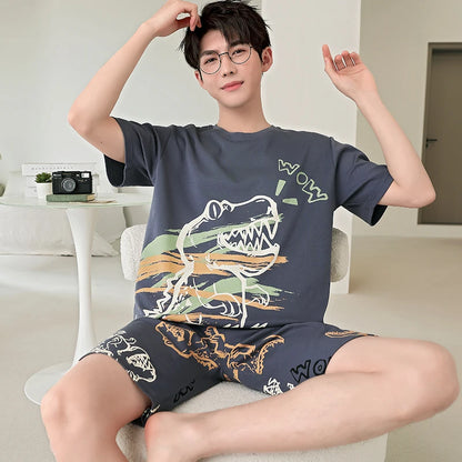 2025 Summer Men’s Sleepwear Cotton Cartoon Pajamas Sets For Man Short Loungewear Young Home Wear Fasion Student Pyjama Set Homme