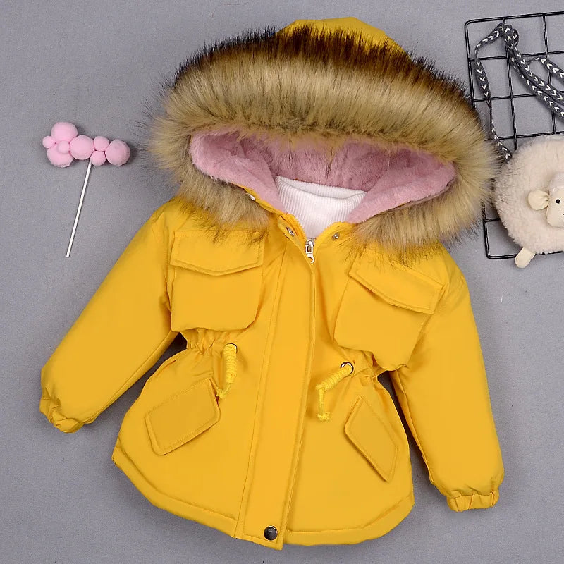 Kids Girl Jacket Big Fur Warm Toddler Children's winter cotton padded clothes girls thickened Hooded cotton padded coat