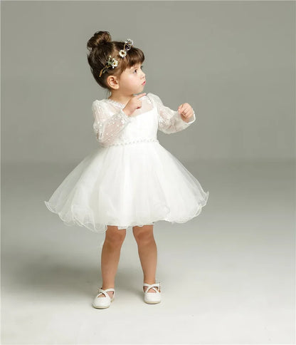 0-24 Months Long Sleeve Baby Girl Dress Infant Toddler Birthday Party Dresses Little Girls White Wedding Baptism Dress