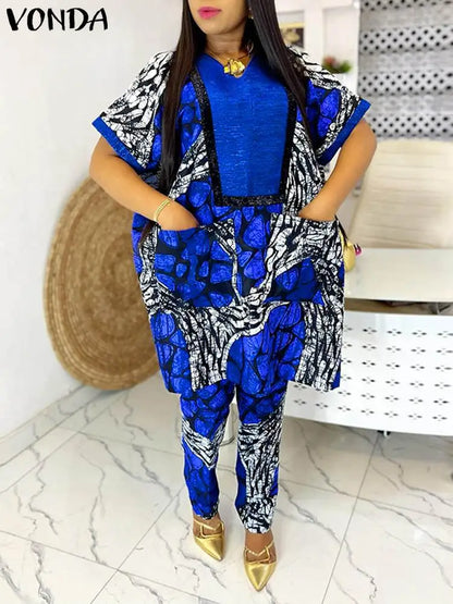 Plus Size 5XL VONDA Women Pants Sets Elegant Matching Sets Short Sleeve Print Blouse Trousers Sets 2025 Casual Baggy Suits