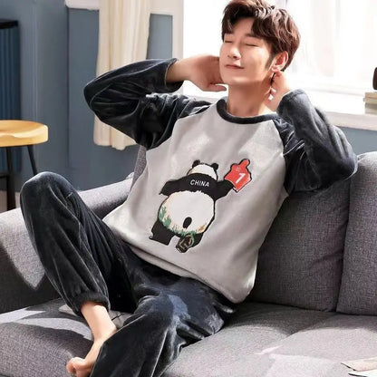 Winter Long Sleeve Thick Warm Flannel Pajama Sets for Men Coral Velvet Cute Cartoon Sleepwear Suit Pyjamas Homewear Clothes