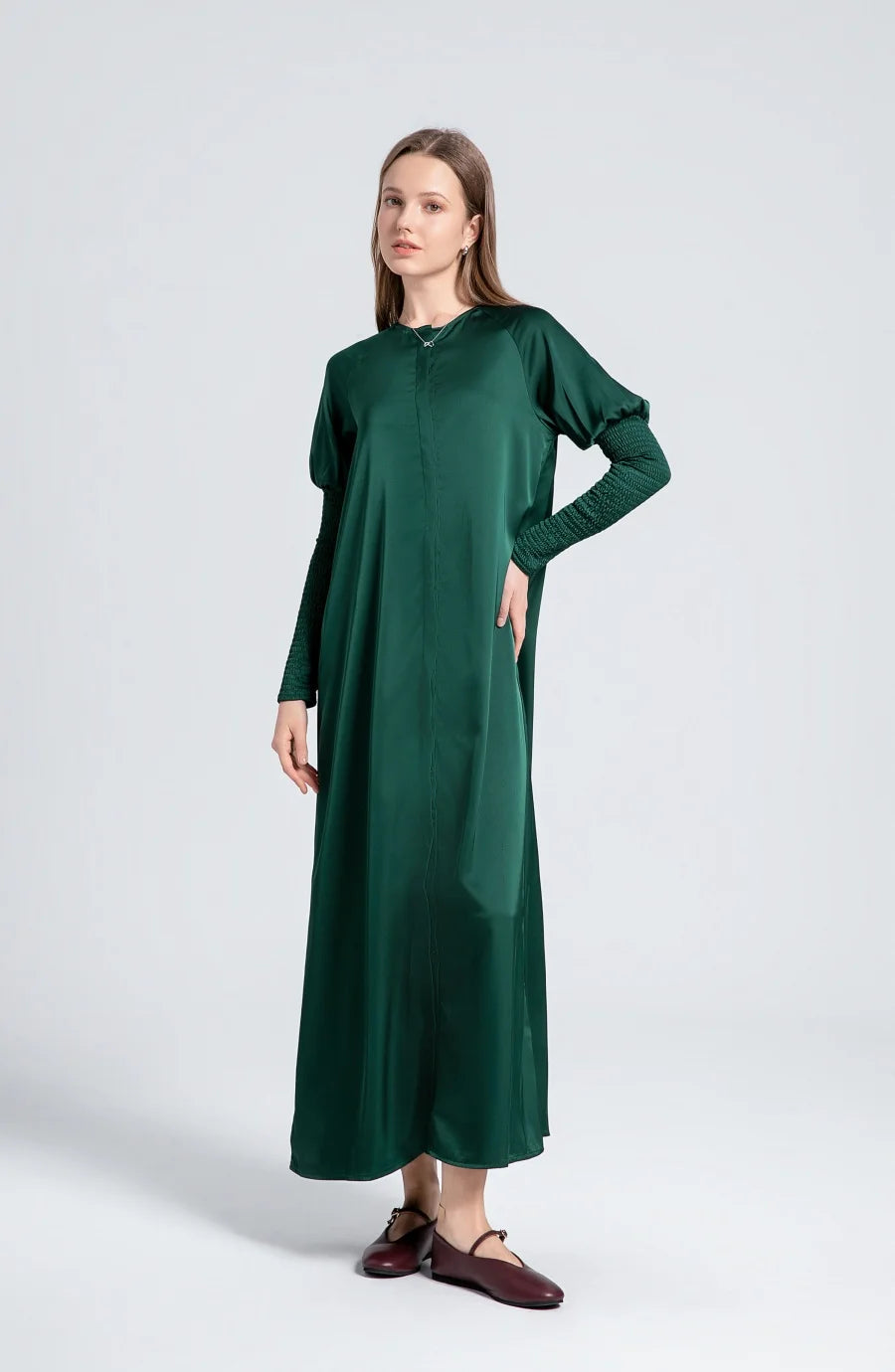 AS woman clothing satin dress button down design smocking sleeve maxi dress ( Ship out in 1 day)