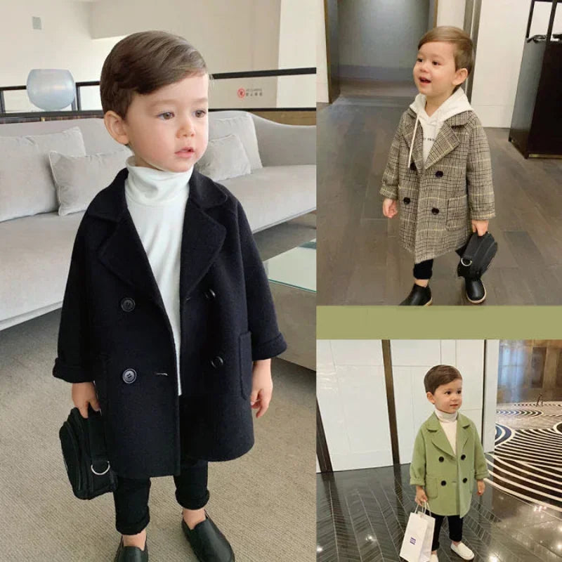 Winter Grid Jackets Boys Girl Woolen Double-breasted Baby Boy Trench Coat Lapel Autumn Kids Outerwear Coats Wool Overcoat