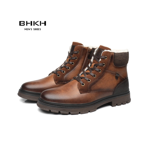 BHKH 2025 Winter Men Boots Fur Warm Ankle Boots Anti-Slip Snow Shoes Zip Lace-up Men Casual Boots Man Shoes