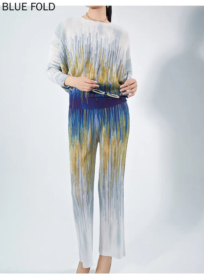 MIYAKE-Women's Printed Round Neck Long-Sleeved Top and Straight-Leg Pants, Pleated Tshirt Sets, High-End Fashion Suit