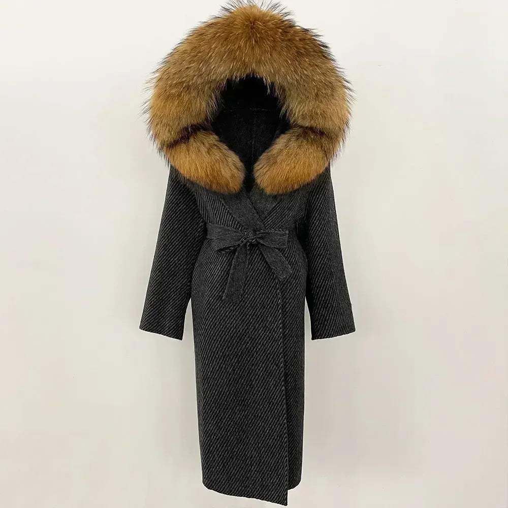 Real Natural Fox Fur Coat Winter Hooded Detachable Collar Fur Jacket Long Woolen Jacket Women Double-faced Casual Overwears