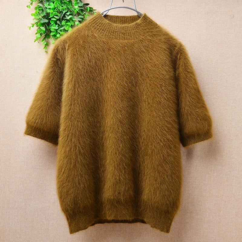 Ladies Women Fall Winter Clothing Hairy Angora Rabbit Hair Knitted O-Neck Short Sleeves Slim Blouses Pullover Jumper Sweater