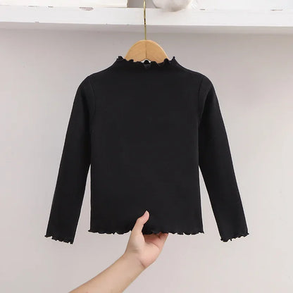 Autumn Winter Fashion Girl Long Sleeve T-Shirt with Ruffle Edges for Kids Soft and Warm Solid Color Children Casual Clothes Tops