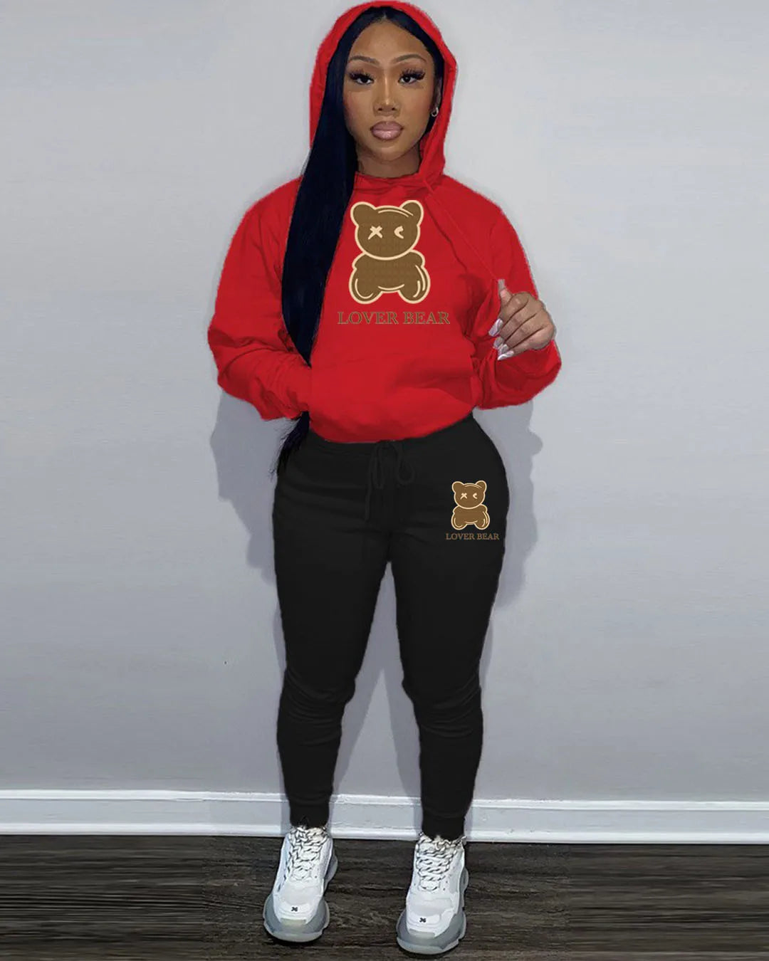 Lovely Bear Letter Print Kangaroo Pocket Tracksuit Set Long Sleeve Hoodie+Drawstring Trousers Women Two Pieces Matching Suits