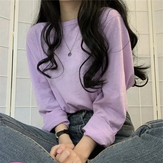 2024 Autumn Korean Fashion T-shirt Women Long Sleeve Winter Y2K Tee Shirt Femme Loose Basic Solid Clothes Women Tops Vintage