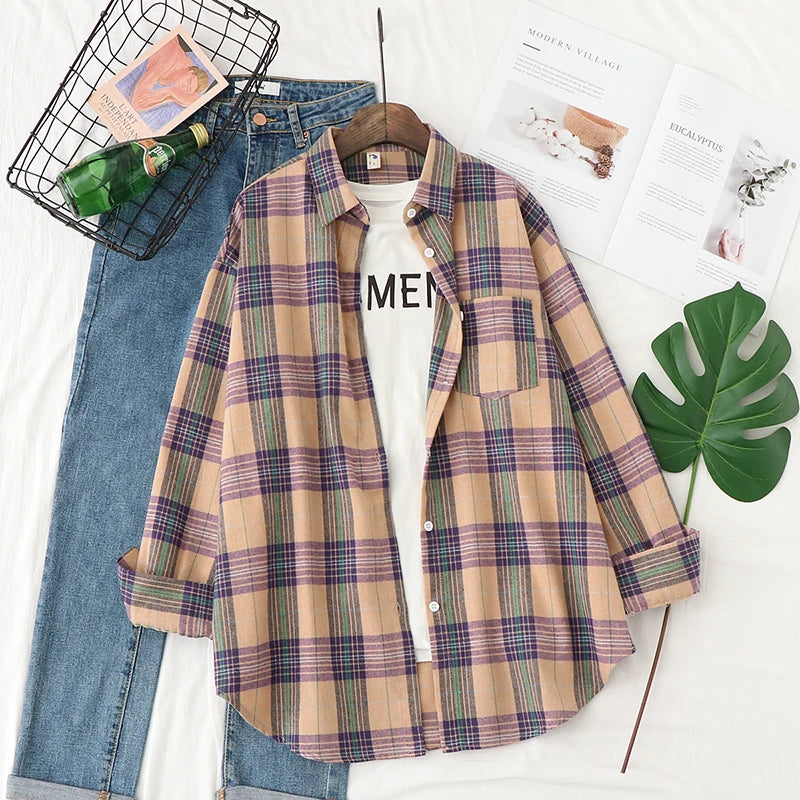 New Fashion Loose Womens Plaid Shirt Fresh College Style Design Blouses And Tops Long Sleeve Casual Female Checked Clothes