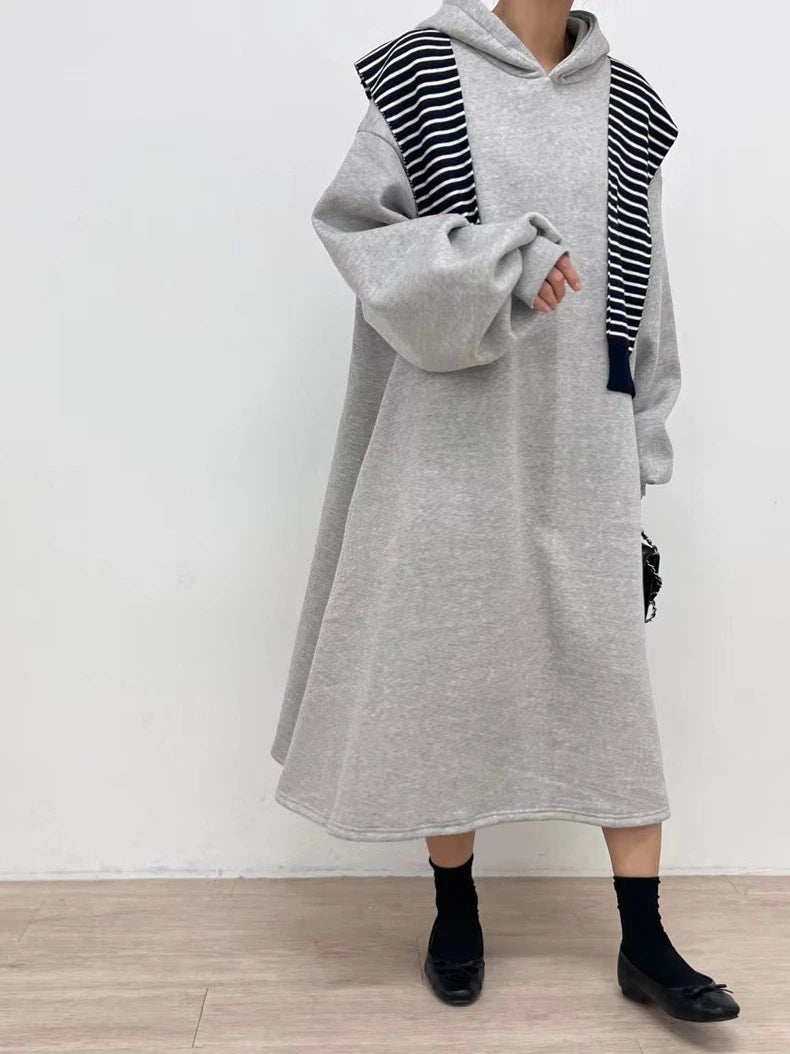 Korean split hoodet for women, gray dress, simple laser style, drawn string hoods, long arm length, autumn and winter